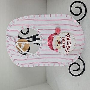 Mud Pie NWT White Pink  "My First Christmas" Sparkle  Pom Pom Santa Clause Bib